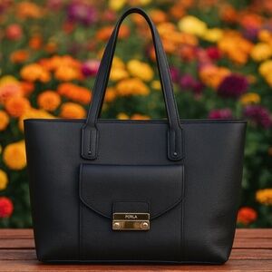 NEW FURLA Julia Classic Black/Onyx Pebbled Leather Large Tote Bag Made in Italy